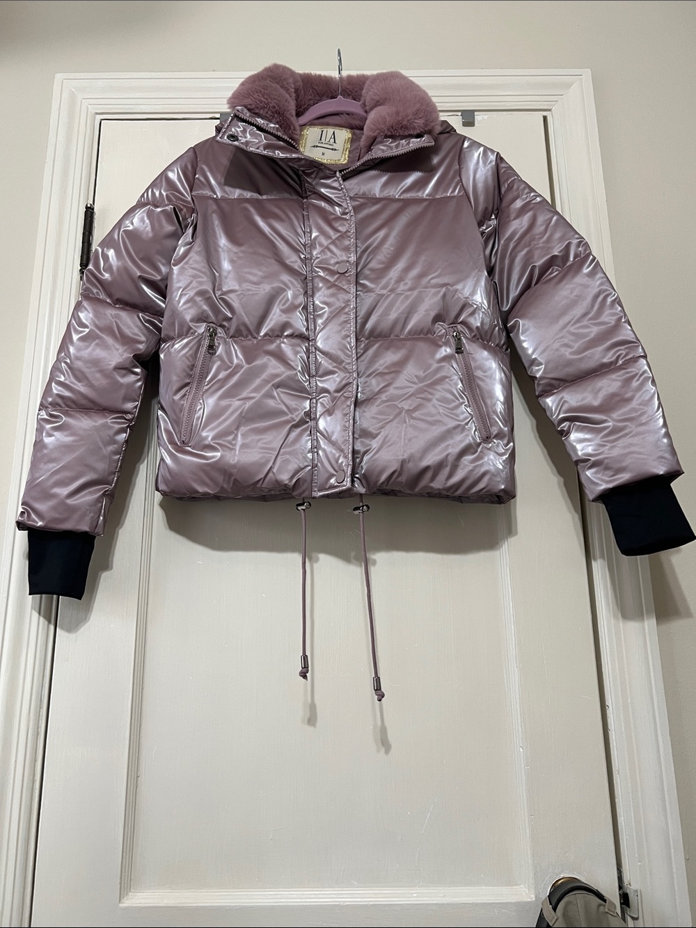 I/A Icon Apparel Lilac Shiny Puffer Hooded Jacket with Faux Fur collar